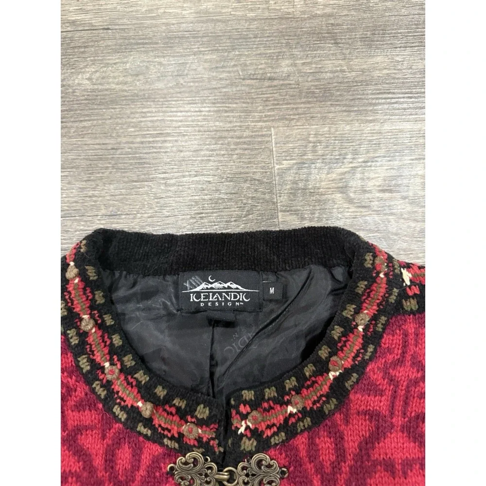 Icelandic Design Knit Cardigan Sweater Wool Red‎ Nordic cheongsam Size M VTG